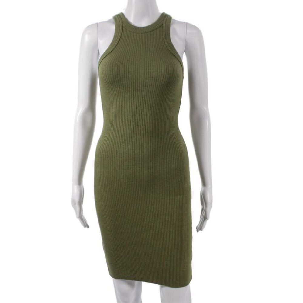 WSLY Women Green Tencel Bodycon Mini Dress Round Neck Sleeveless Size XS
